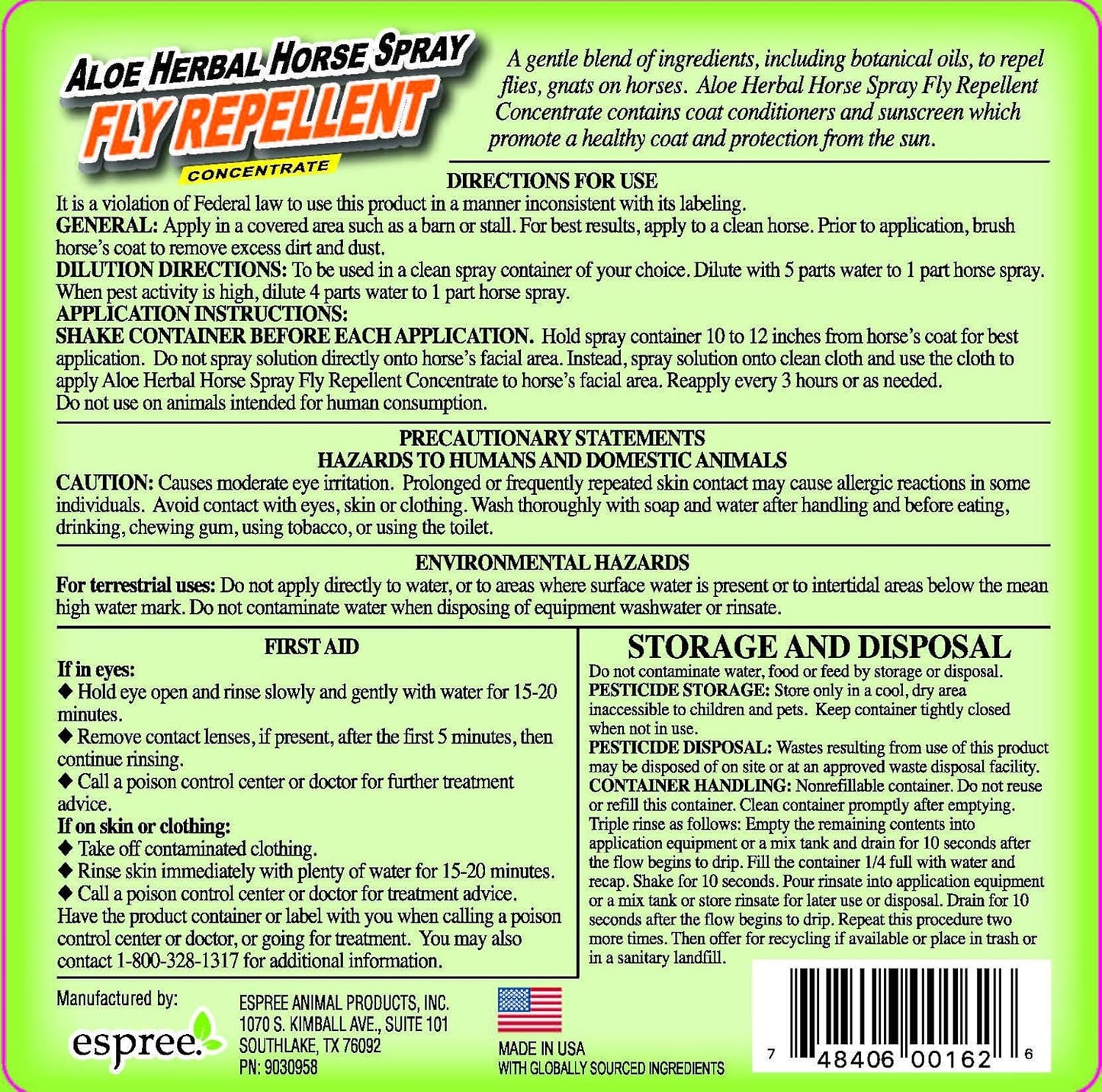 Aloe Herbal Horse Spray | Fly Repellent with Aloe, Sunscreen, and Coat Conditioners | Promotes a Healthy Coat and Protection from the Sun | 1 Gallon Concentrate