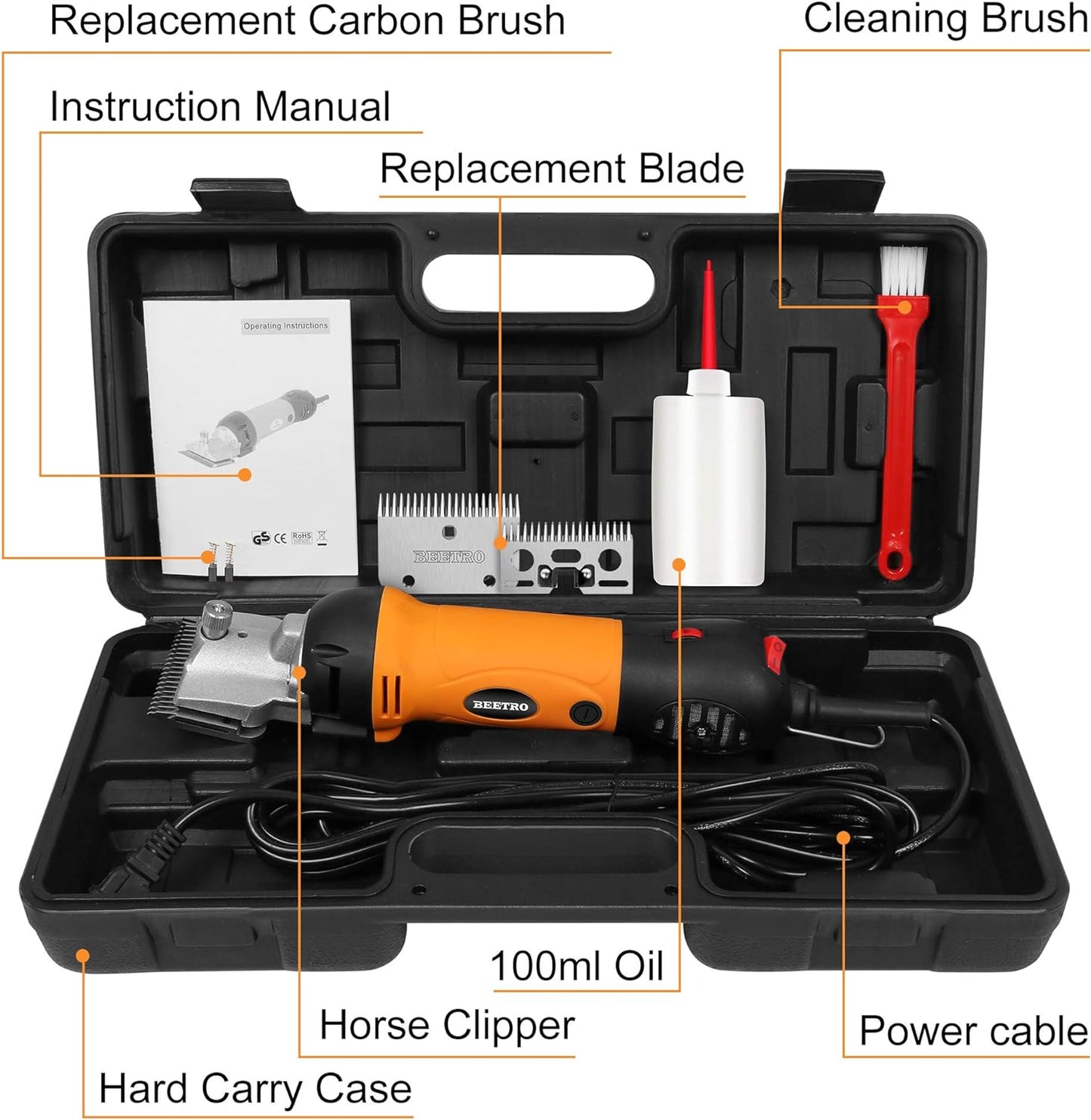 500W Electric Professional Horse Shears, 6 Speeds Animal Grooming Clippers for Horse Equine Goat Pony Cattle, with an Extra Set of Shearing Blades