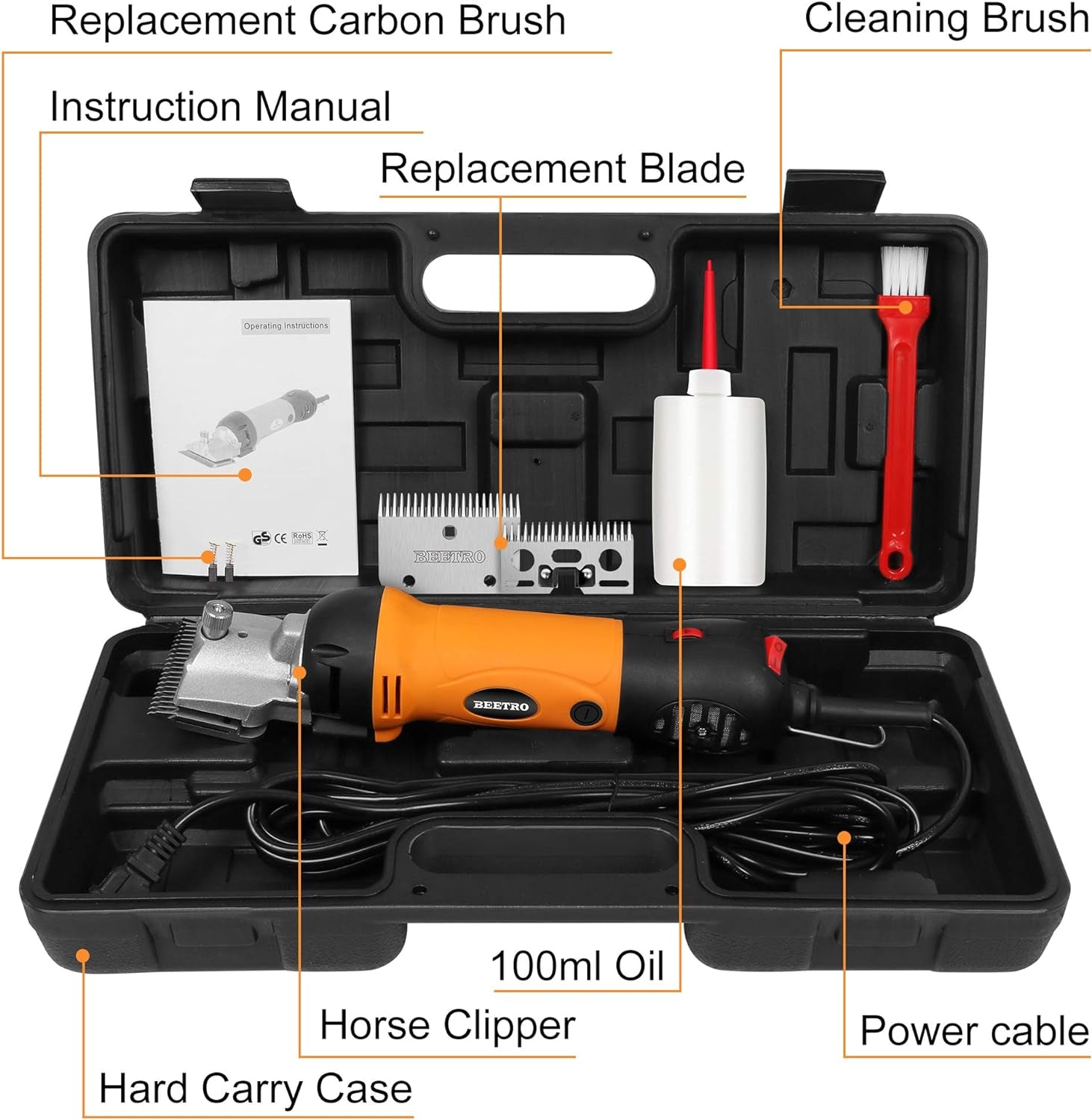 500W Electric Professional Horse Shears, 6 Speeds Animal Grooming Clippers for Horse Equine Goat Pony Cattle, with an Extra Set of Shearing Blades