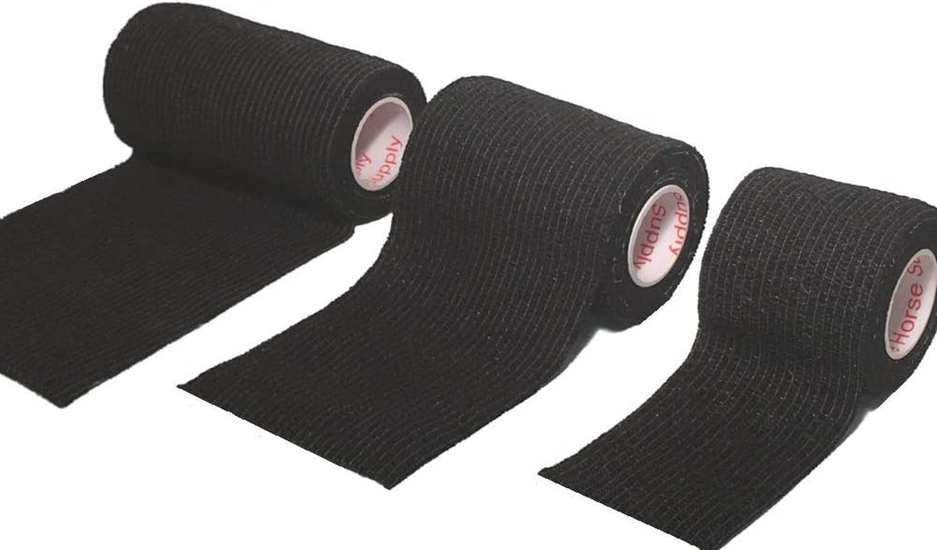 4 Inch Vet Wrap Tape Bulk (Black) (Pack of 12) Self Adhesive Adherent Adhering Flex Bandage Grip Roll for Dog Cat Pet Horse