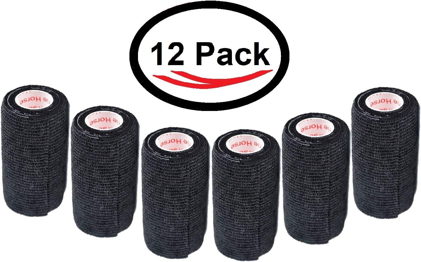 4 Inch Vet Wrap Tape Bulk (Black) (Pack of 12) Self Adhesive Adherent Adhering Flex Bandage Grip Roll for Dog Cat Pet Horse