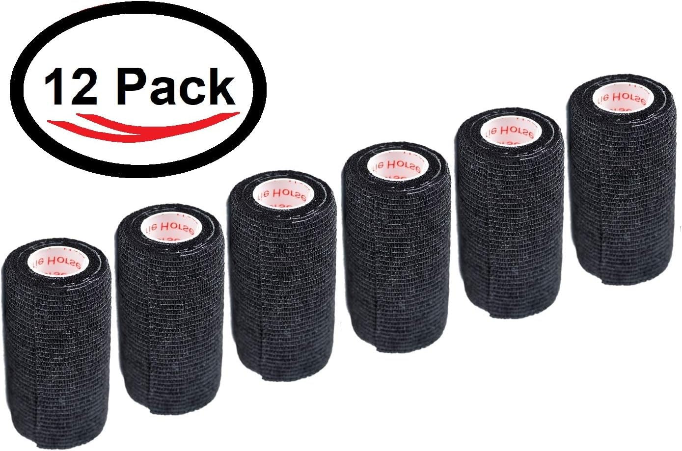 4 Inch Vet Wrap Tape Bulk (Black) (Pack of 12) Self Adhesive Adherent Adhering Flex Bandage Grip Roll for Dog Cat Pet Horse